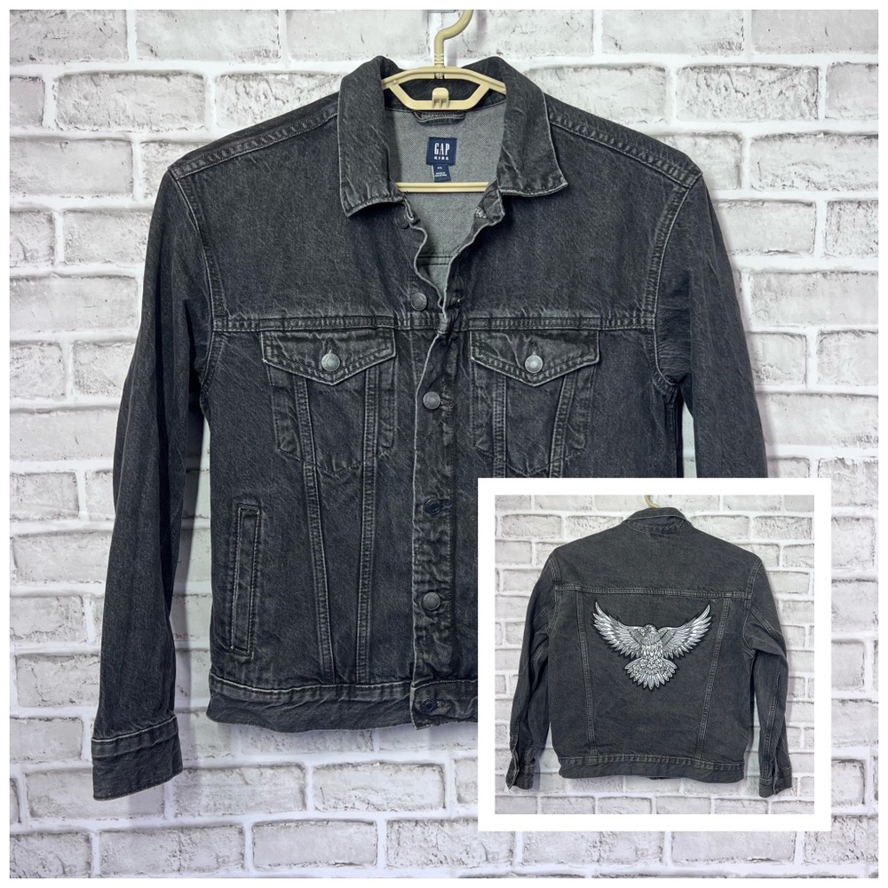 🦅|•GAP•| Black Eagle Back Jean Jacket Size Kids XXL Women Small